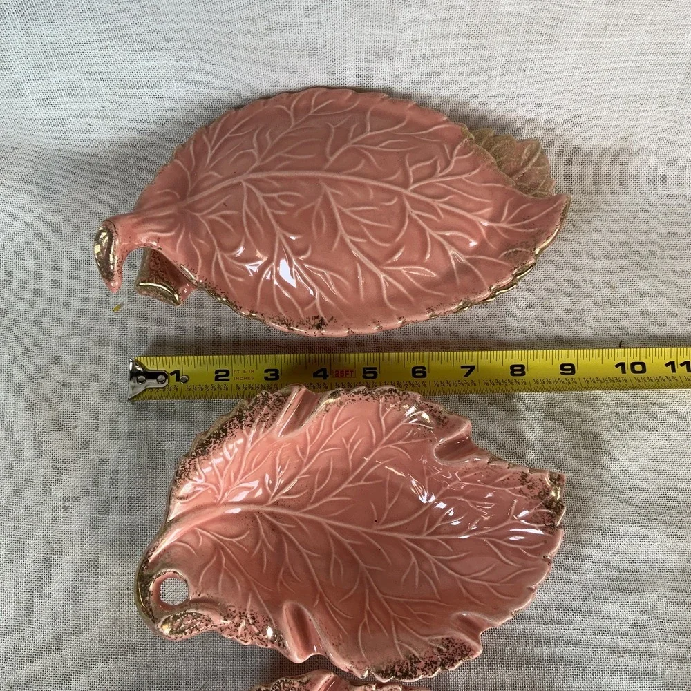 Vtg Set of 4 Pink Coral Leaf Ashtrays Bowl Lid Gold Trim California Pottery #738